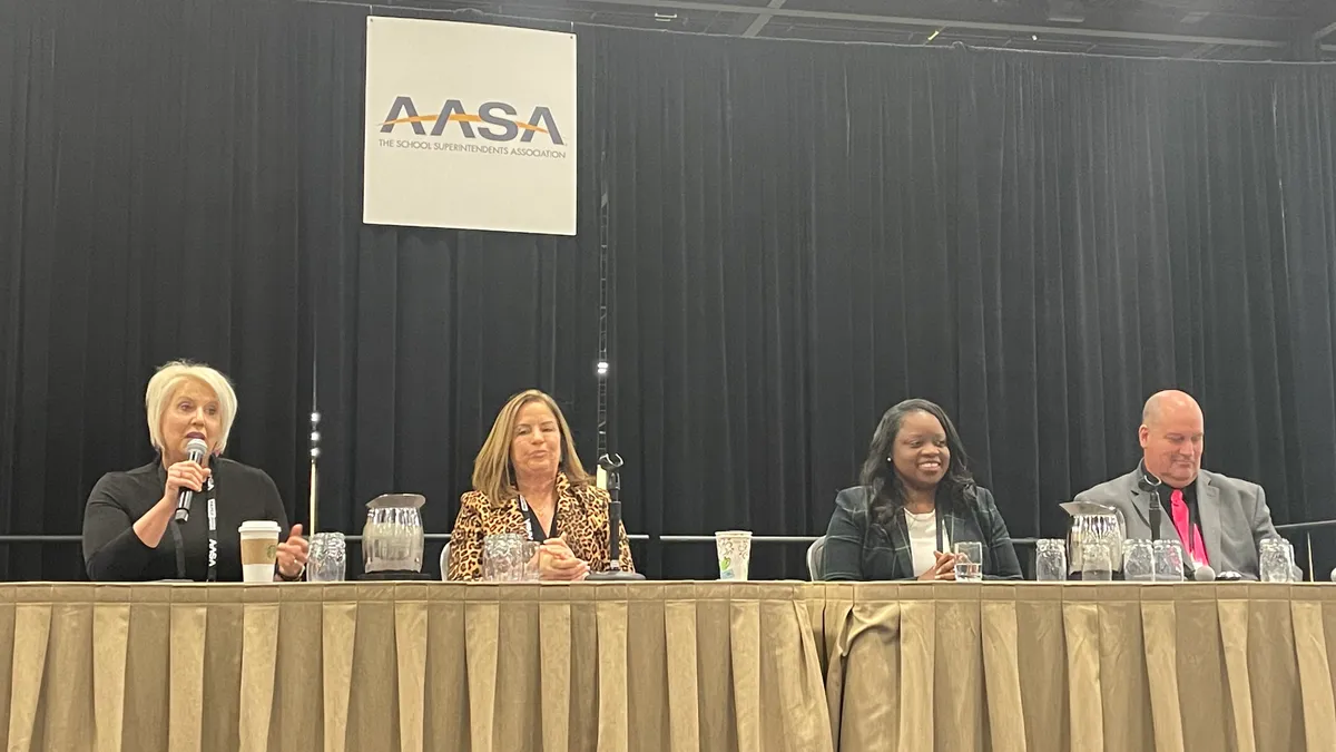 Candace Singh, Lisa Hinkelman, LaTonya Goffney, and John Krimmel speak during a session at AASA's National Conference on Education on February 16, 2023.