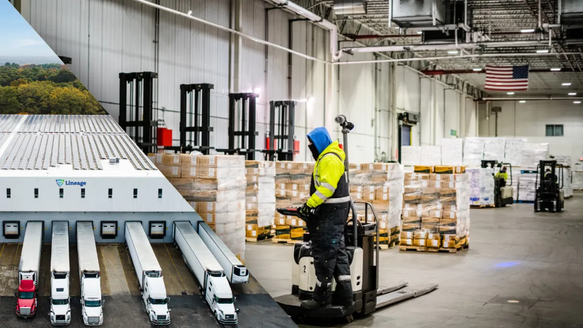Warehouse worker operating forklift among stacked pallets inside a cold storage facility, with trucks lined up outside the building.