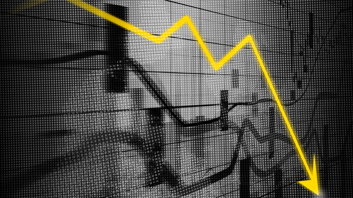 Recession arrow, Graph showing business decline on led screen