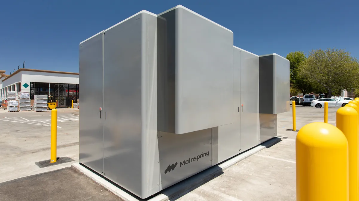 Mainspring Energy’s first commercial product contains two linear generator cores. This unit, installed outside a store in Northern California, can produce up to 230 kilowatts of power.