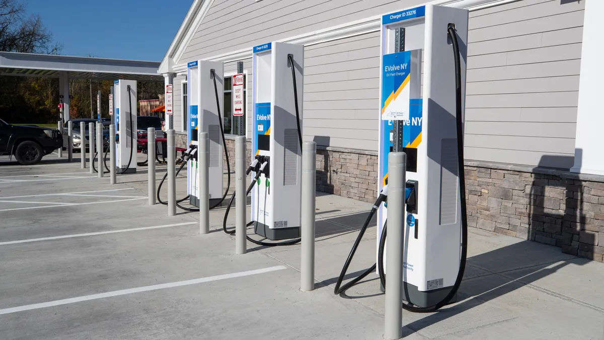 A picture of several EV charging stations at a Stewart's Shops store