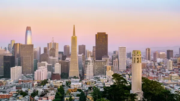 Aerial view of skyscraper buildings in San Francisco financial district during dusk