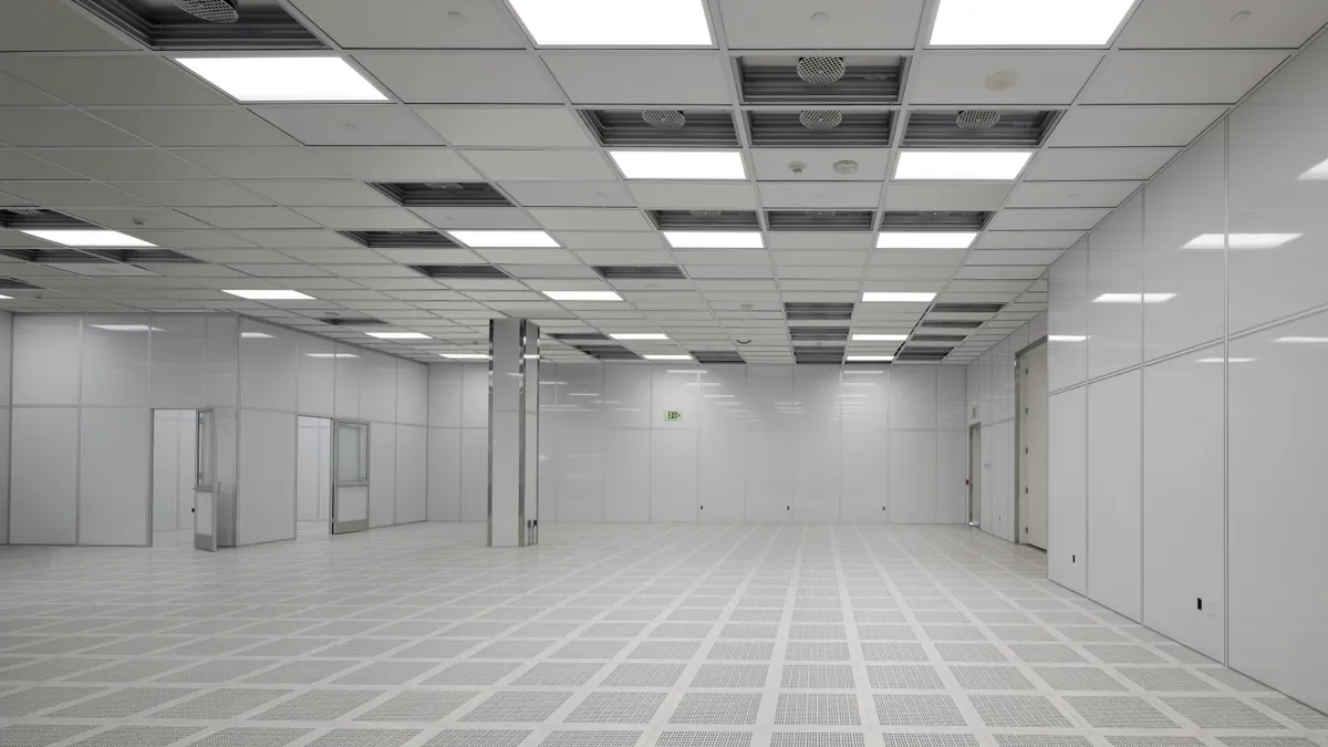 An empty, white room with fluorescent lighting and columns.