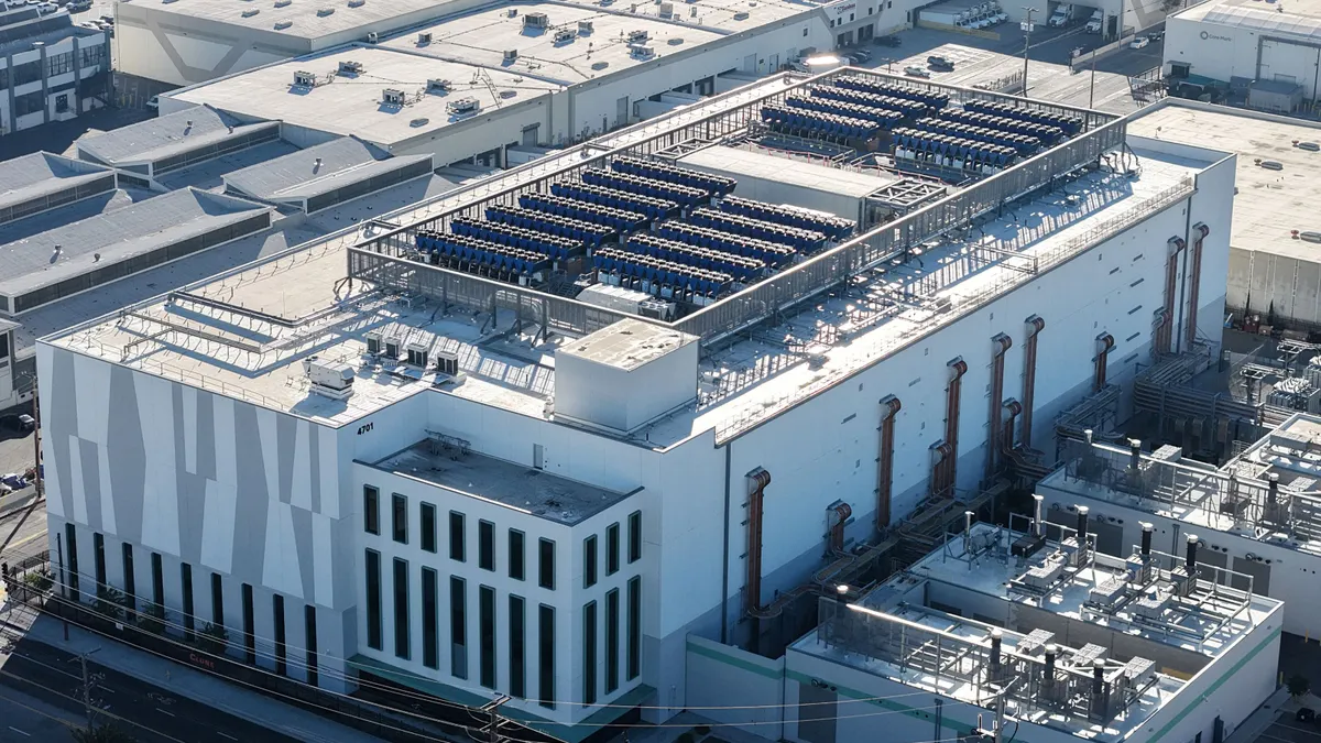 An industrial building in a city.