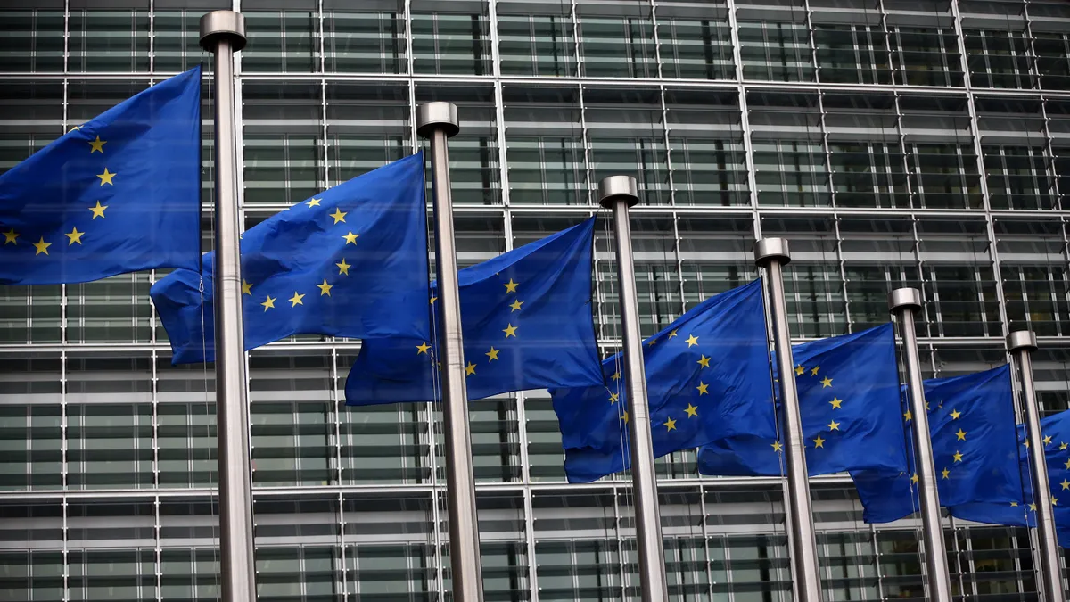 European Union flags are pictured outside the European Commission building.