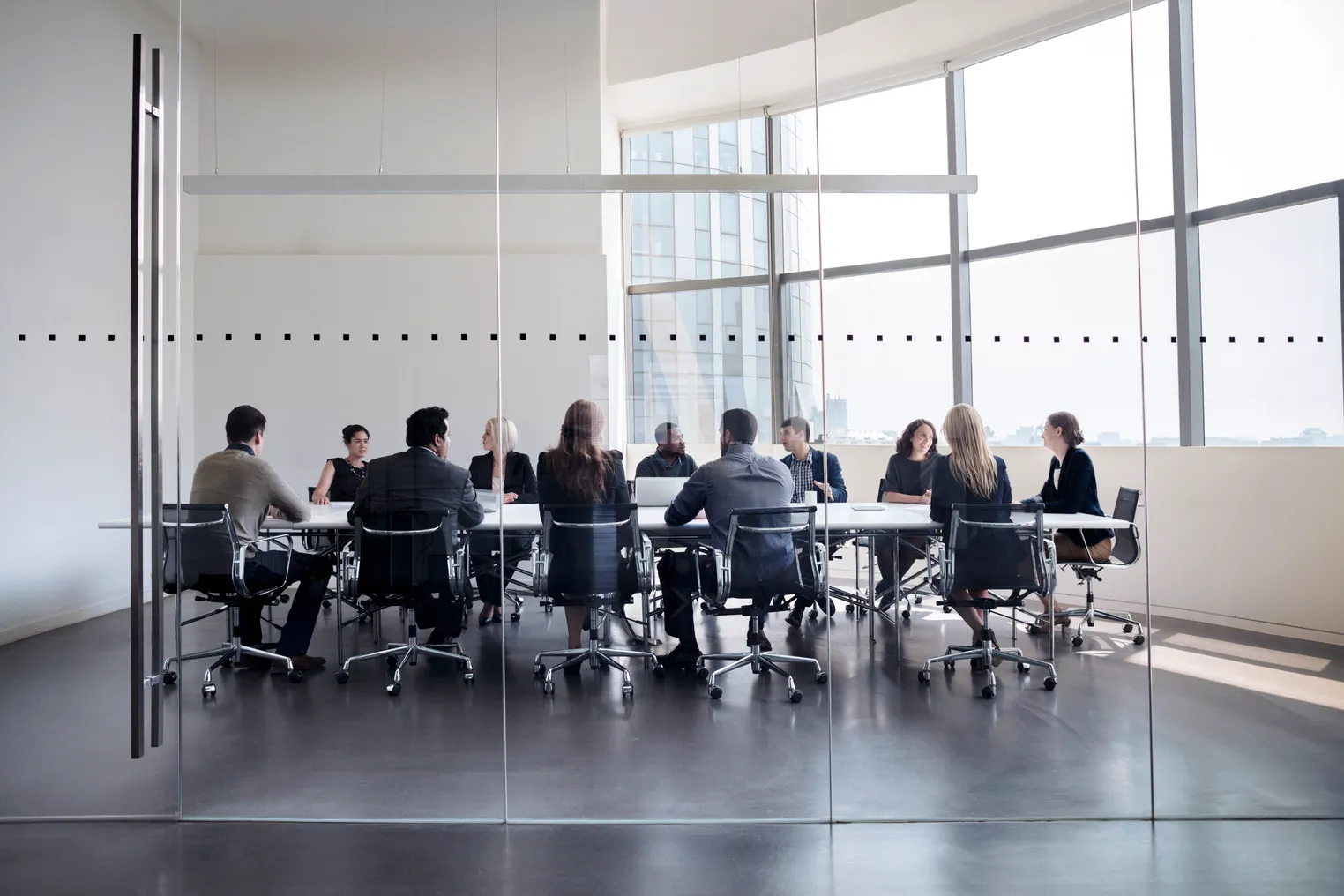 Colleagues at business meeting in conference room.