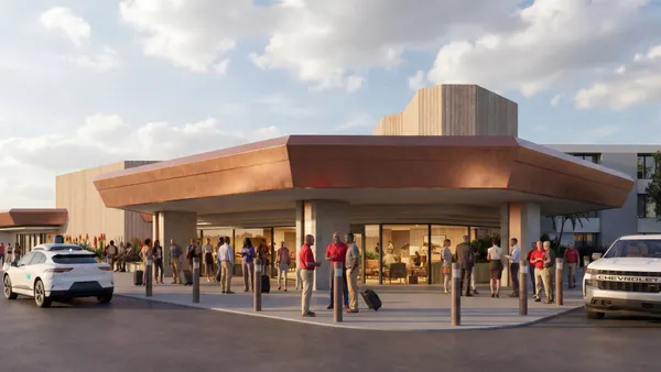 A rendering of a stout building with a flurry of people moving in and around it at sunset.