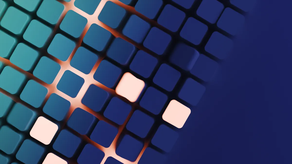 A pattern of light blue and dark blue 3D squares is arranged diagonally. Some squares glow softly, creating a modern, geometric, and ambient feel.