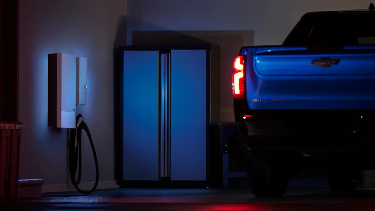 Rendering shows a darkly-lit garage with an electric vehicle charger mounted on the wall and a parked Chevrolet Silverado pickup.