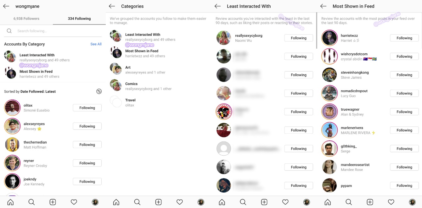 Instagram following categorization