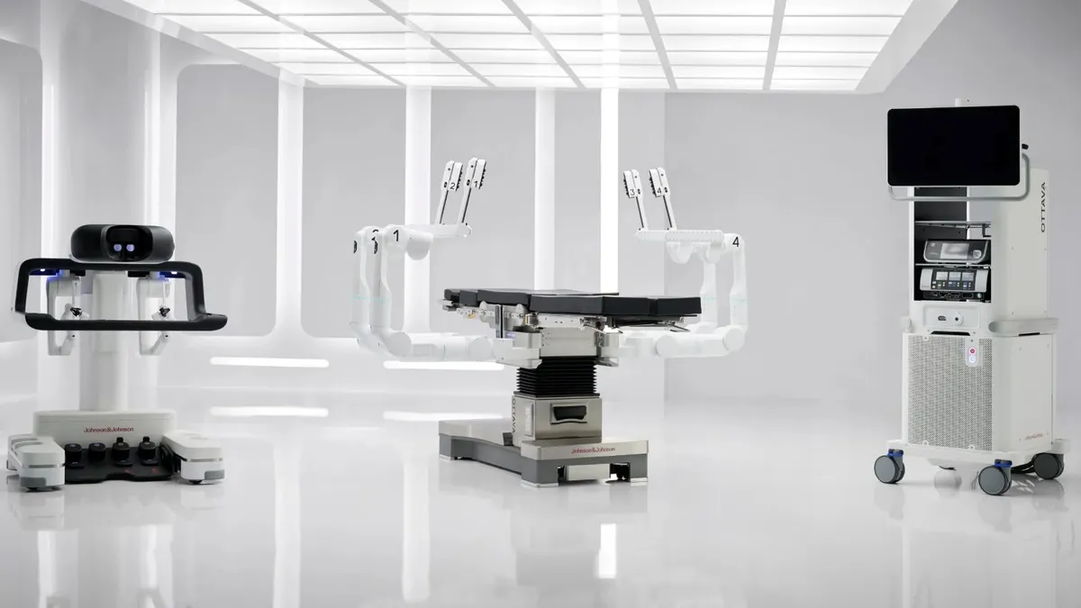 Three components of Johnson & Johnson's Ottava robotic surgery system are displayed.