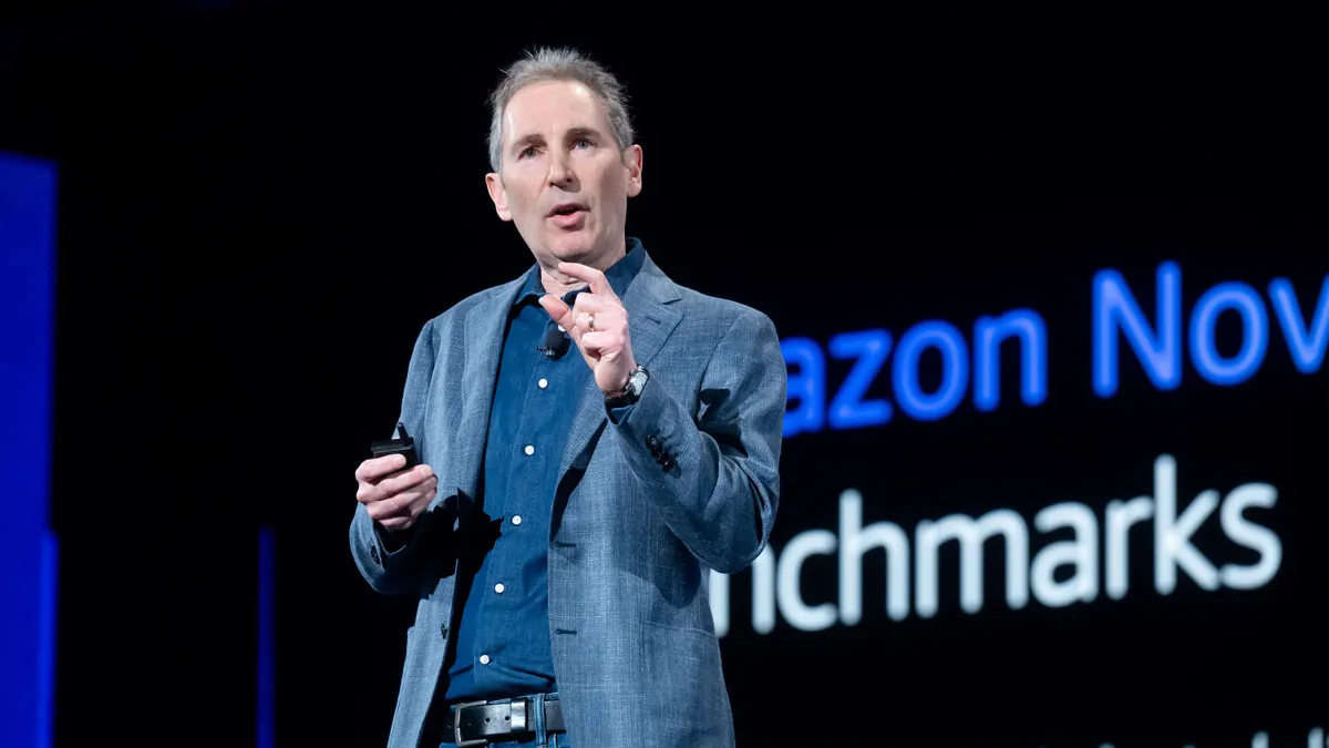 Amazon CEO Andy Jassy speaks during a keynote address at AWS re:Invent 2024, a conference hosted by Amazon Web Services, at The Venetian Las Vegas on December 3, 2024 in Las Vegas, Nevada.