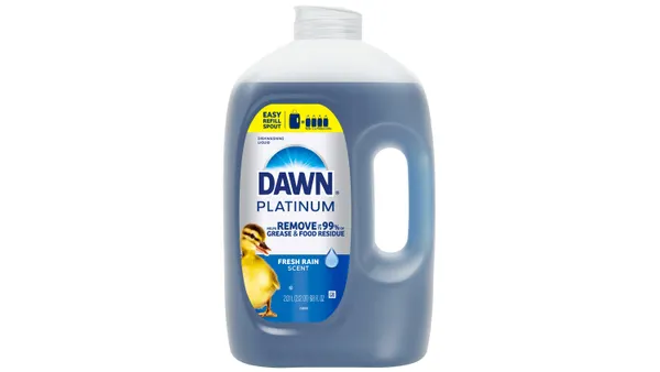 A large jug of dish soap with Dawn branding on the front and messaging about an easy-pour spout.