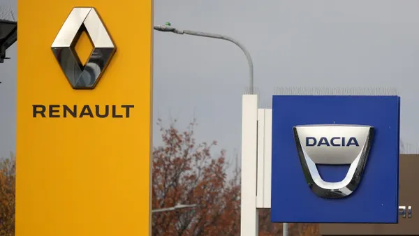 Renault and Dacia logos outside a showroom in Crew, England on Nov. 15, 2024