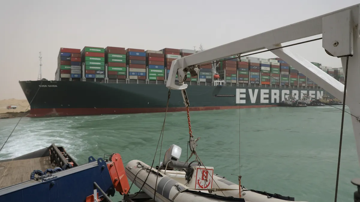 A picture of the Ever Given stuck in the Suez from the Suez Canal Port Authority