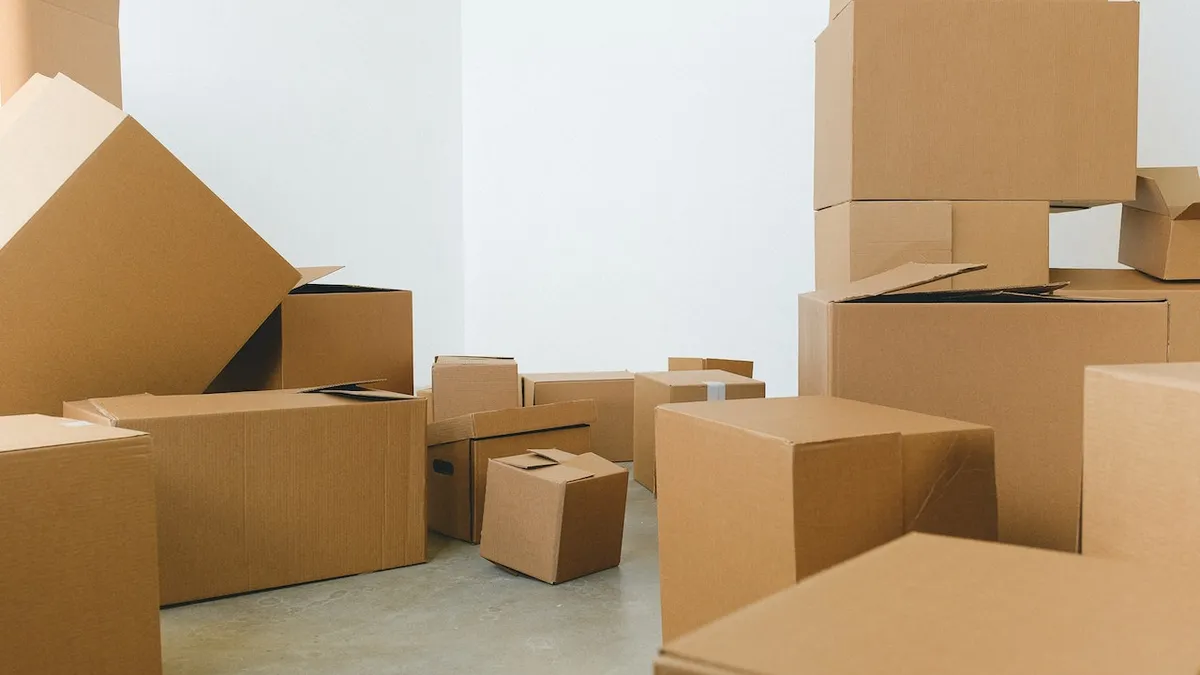 Room full of cardboard boxes piled on each other