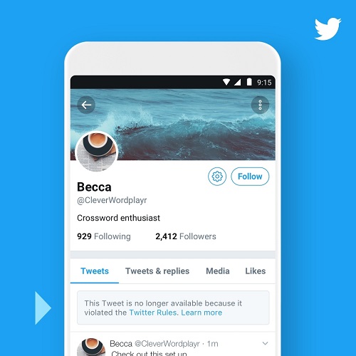 An example of a new tweet rule violation notification