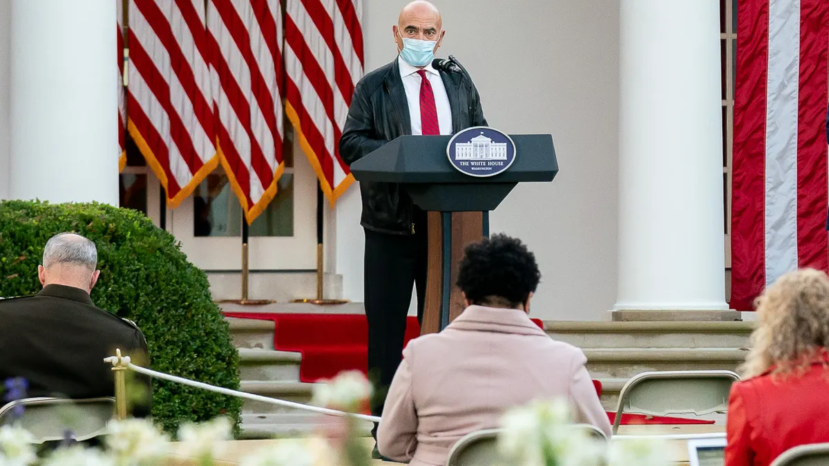 President Donald J. Trump listens as Moncef Slaoui, the U.S. government’s representative to manage the COVID-19 Coronavirus vaccine development Operation Warp Speed, delivers remarks Friday, Nov. 13