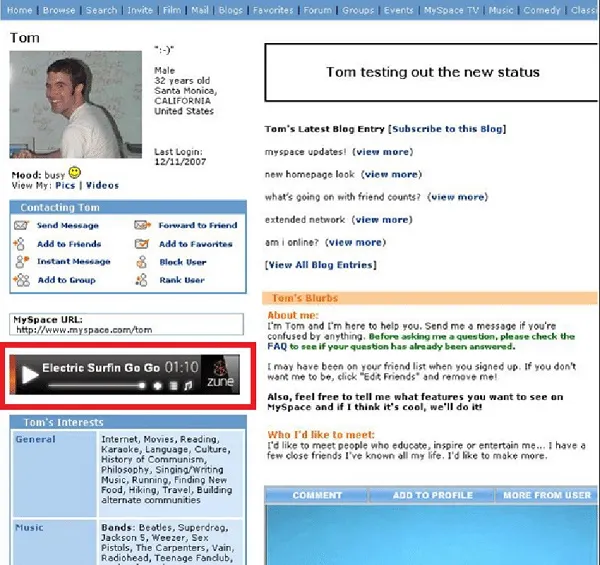 Tom MySpace profile