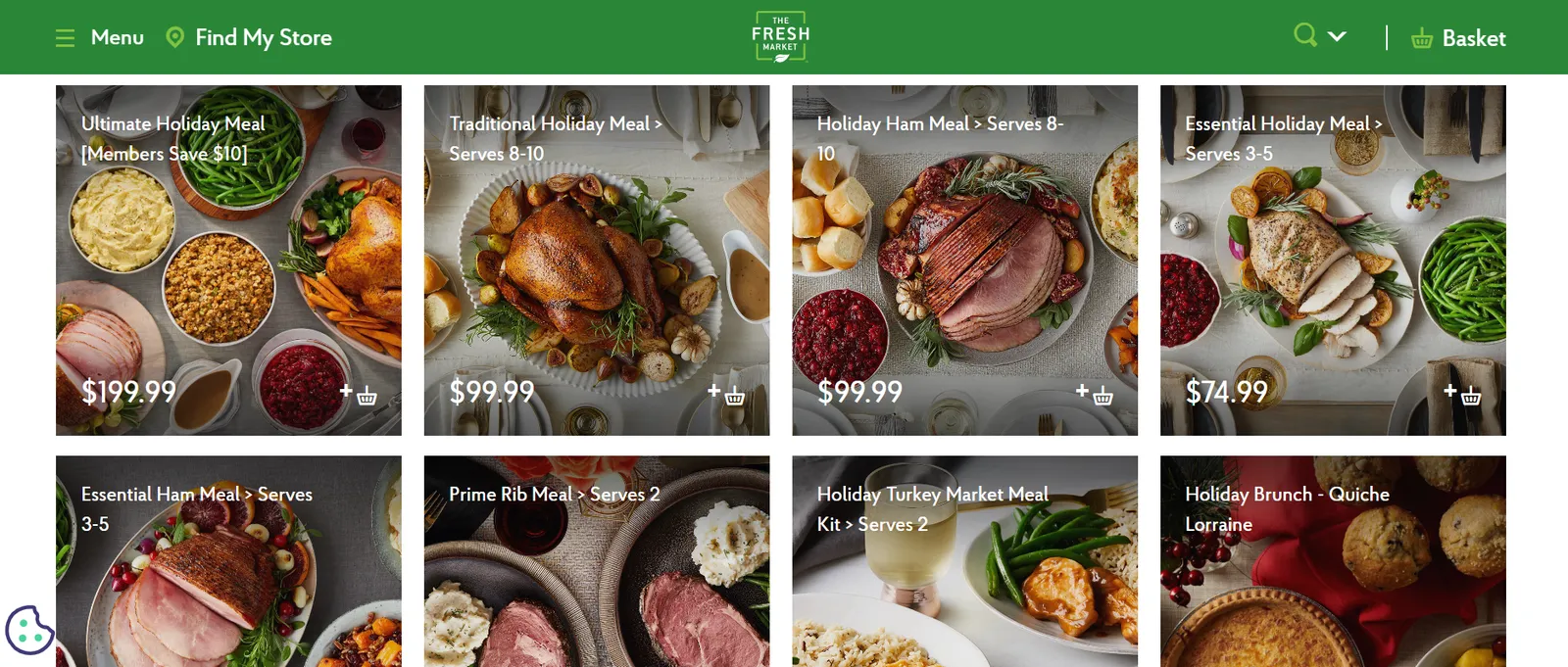 Screenshot of The Fresh Market's holiday meal options