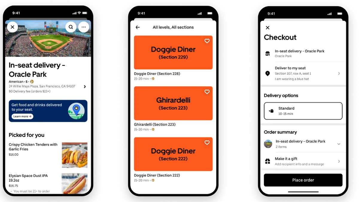 An image of three mobile pictures that showcase in-seat ordering from Uber Eats.