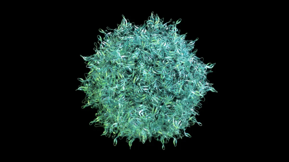 A rendering of an adeno-associated virus, colored blue-green, on a black background.