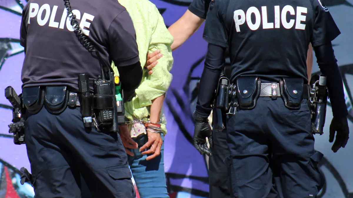 Officers wearing shirts that read "police" handcuff a person.