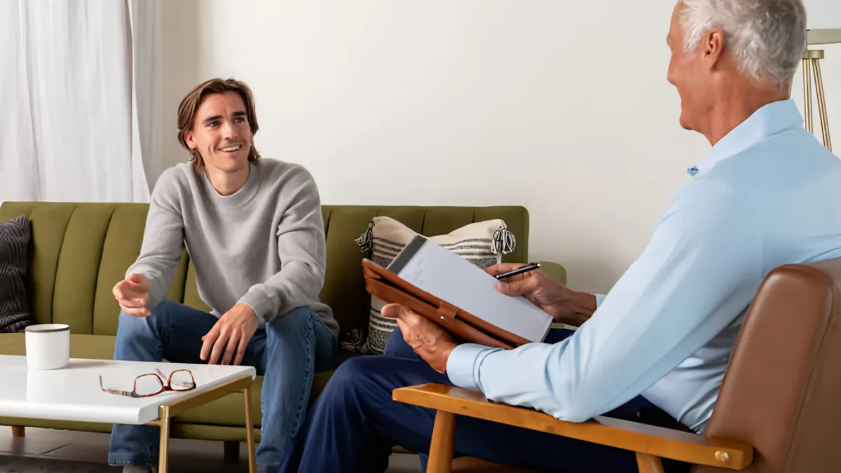 A person talking to a therapist sitting upright on a couch.