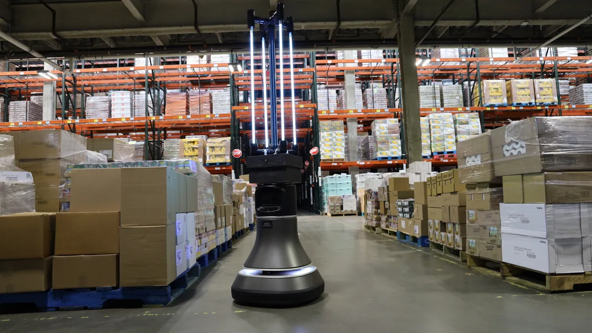 A robot designed by MIT’s Computer Science and Artificial Intelligence Laboratory for use in the Greater Boston Food Bank to kill coronavirus on the facility's surfaces.