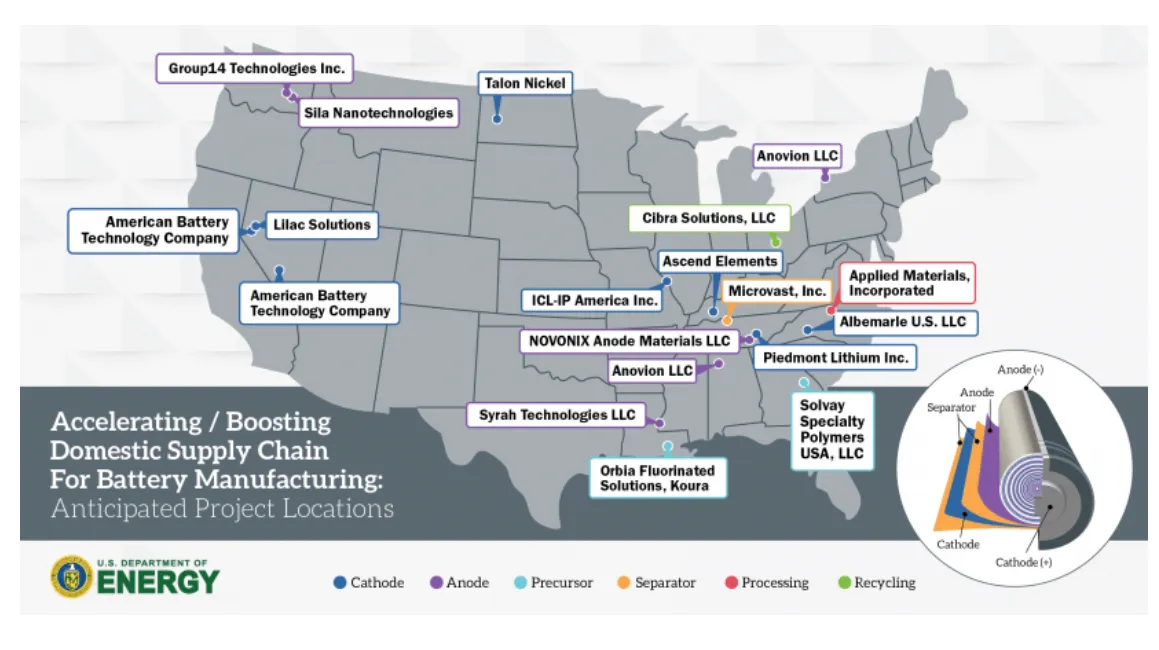 A map showing the location of 21 battery manufacturing projects funded by the U.S. Department of Energy