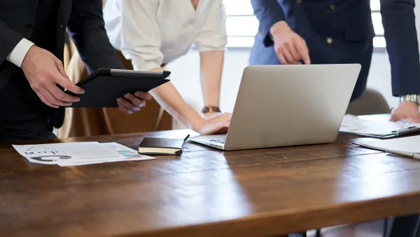 A business person holds a meeting while looking at a computer screen.