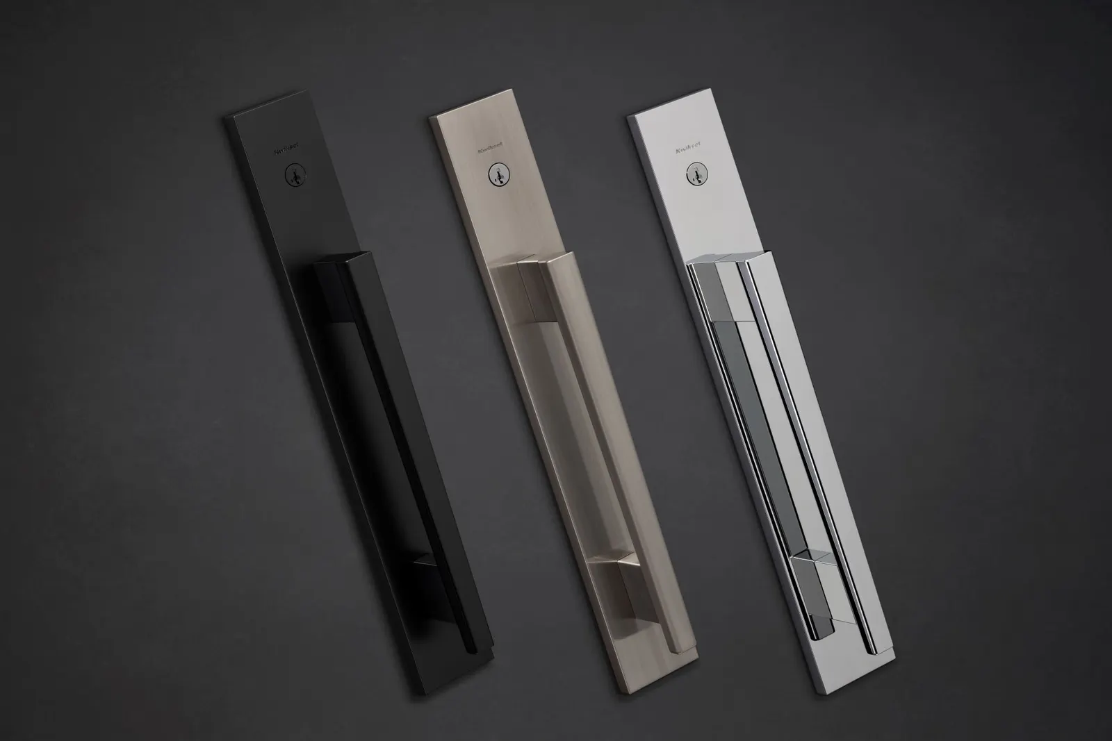 A set of three door handles.