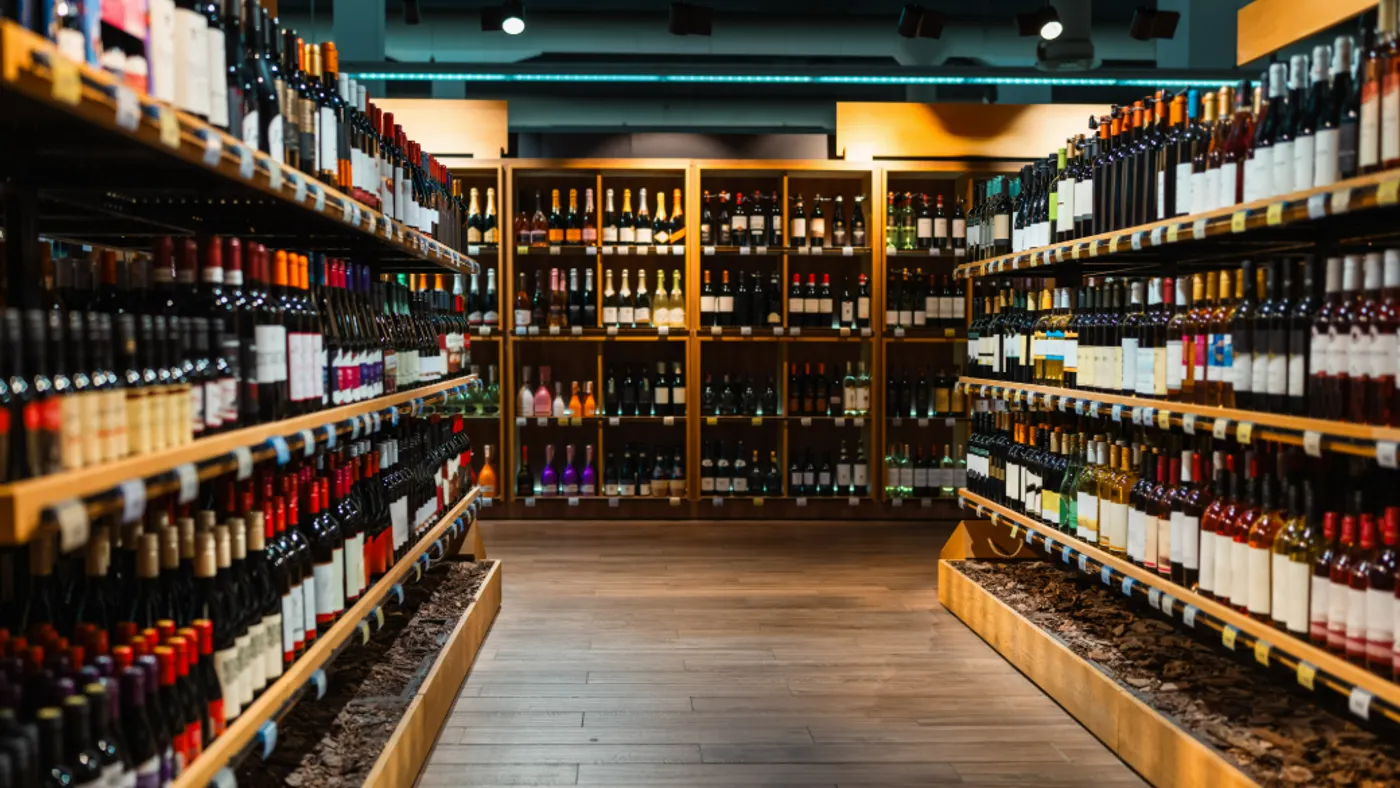 Wine bottles on shelves in wine shop.