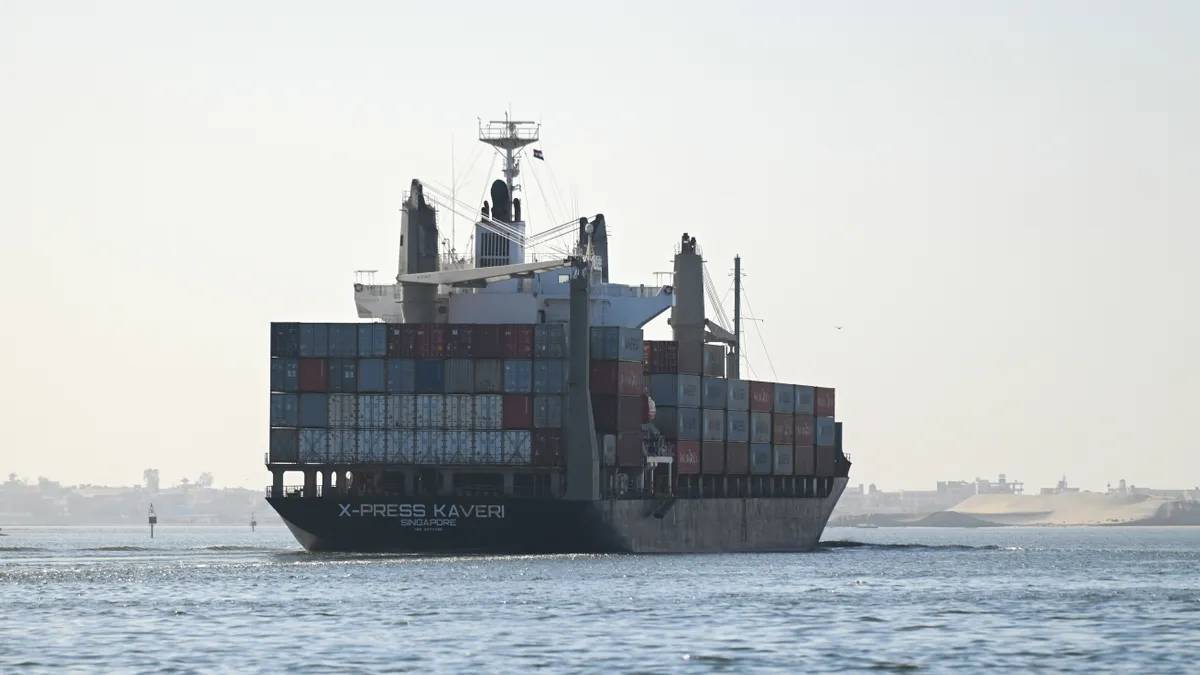 A ship transits the Suez Canal towards the Red Sea on January 10, 2024 in Ismailia, Egypt.