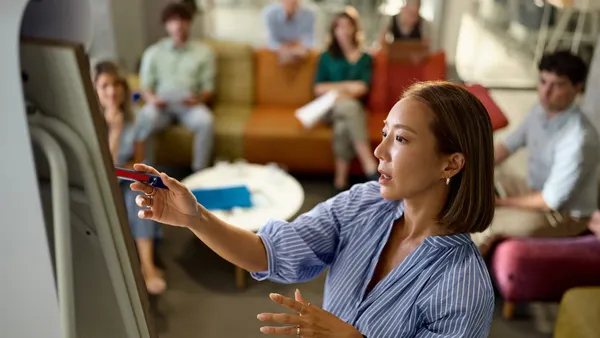 An Asian woman manager leads a presentation in the office