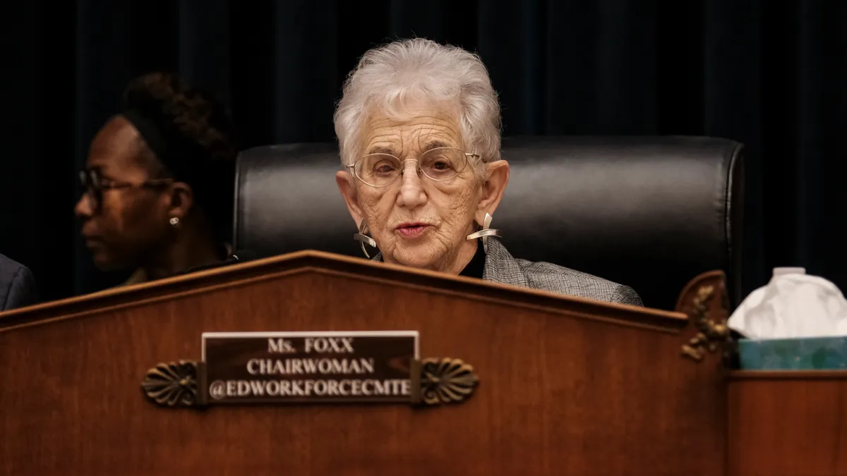 Virginia Foxx speaks at a podium.