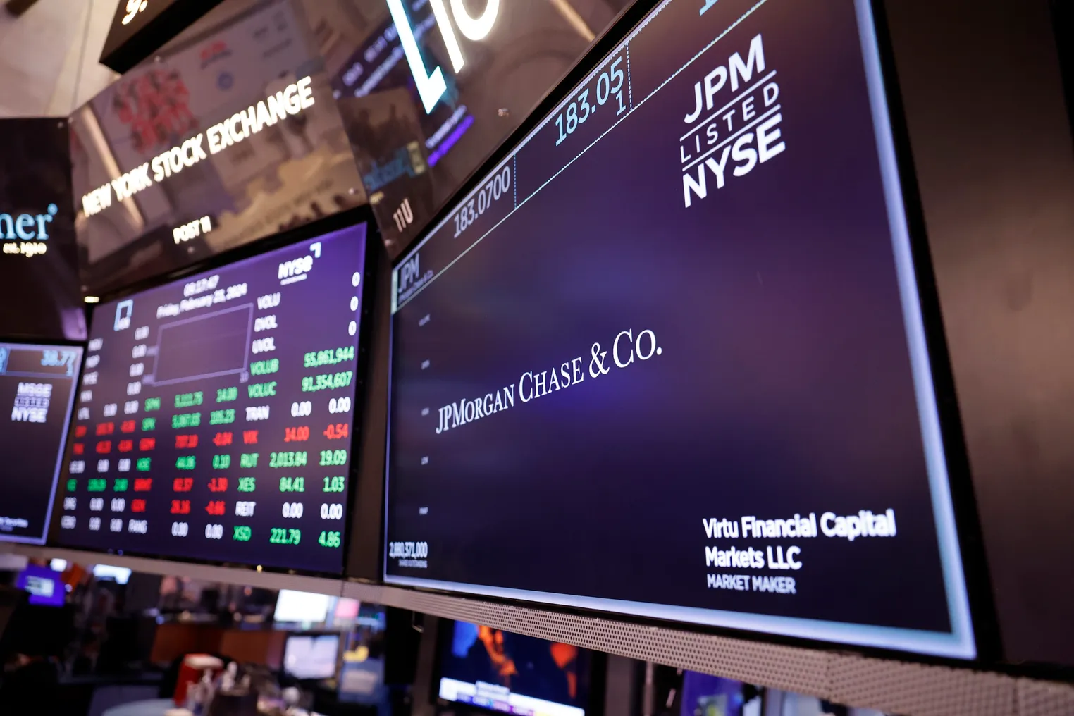 The JP Morgan Chase & Co. company logo is displayed on a screen at the New York Stock Exchange during morning trading on February 23, 2024 in New York City.