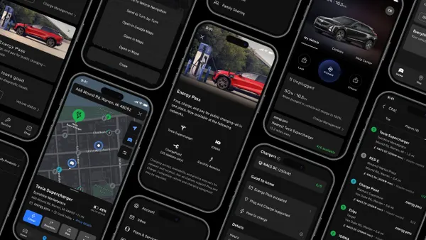 A picture showing screenshots of GM's Energy Pass on multiple smartphones.