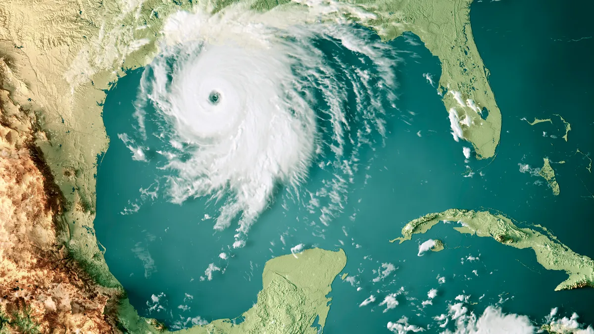 3D Render of a map of the Gulf of Mexico with a hurricane near Louisiana.