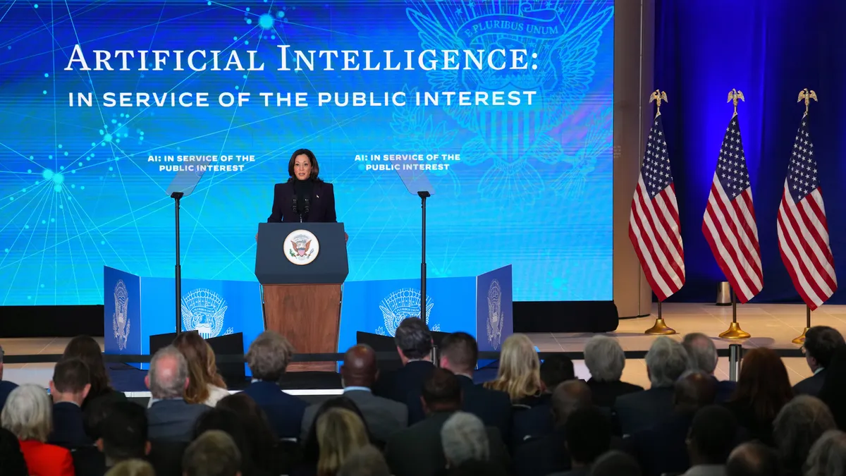 United States Vice President Kamala Harris delivers an address on Artificial Intelligence policy at the U.S. embassy on November 1, 2023 in London, England.