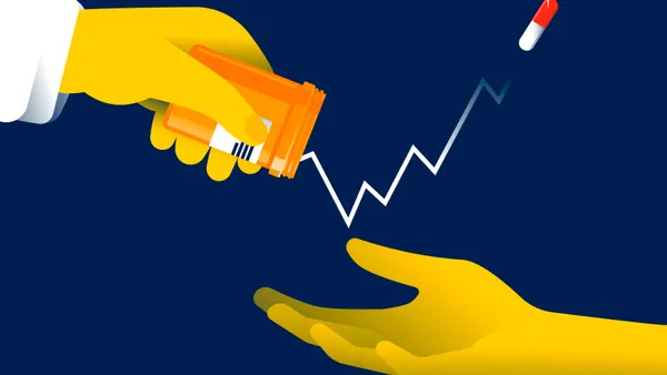 Illustration of a prescription pill bottle and pills forming a rising cost graph.