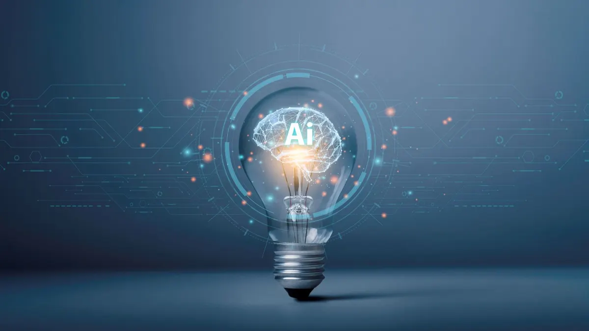 a lightbulb with a brain inside.  The brain bears the acronym "AI"