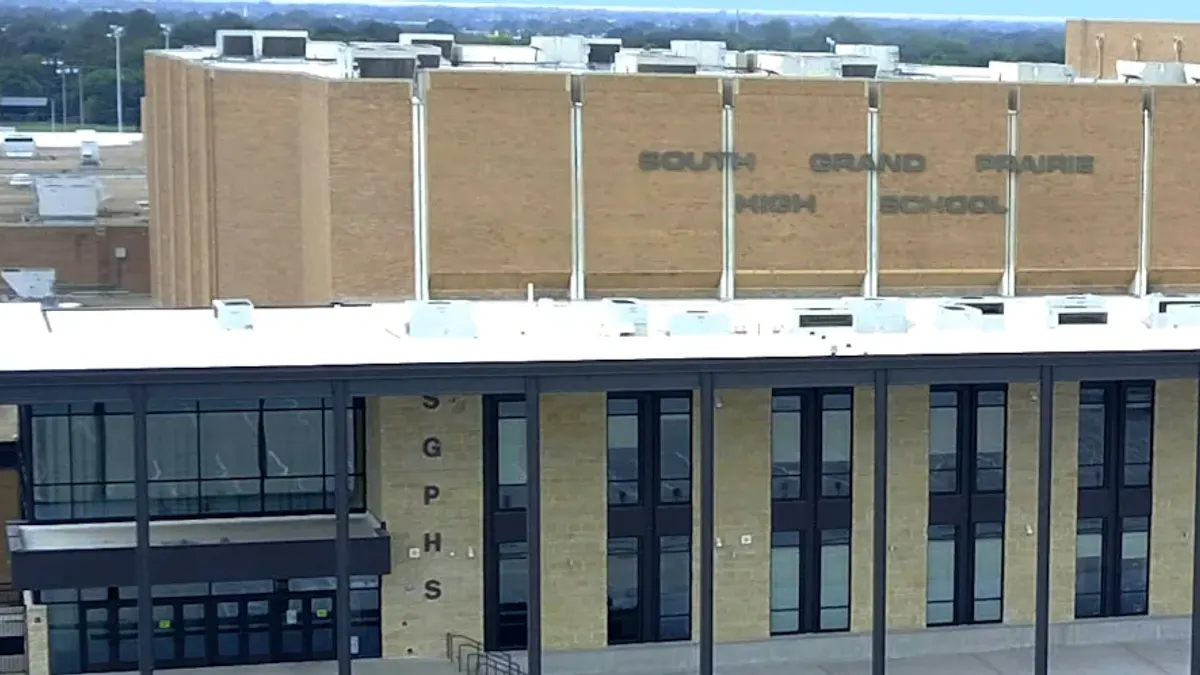 The facade of South Grand Prairie High School in Grand Prairie Independent School District in Texas