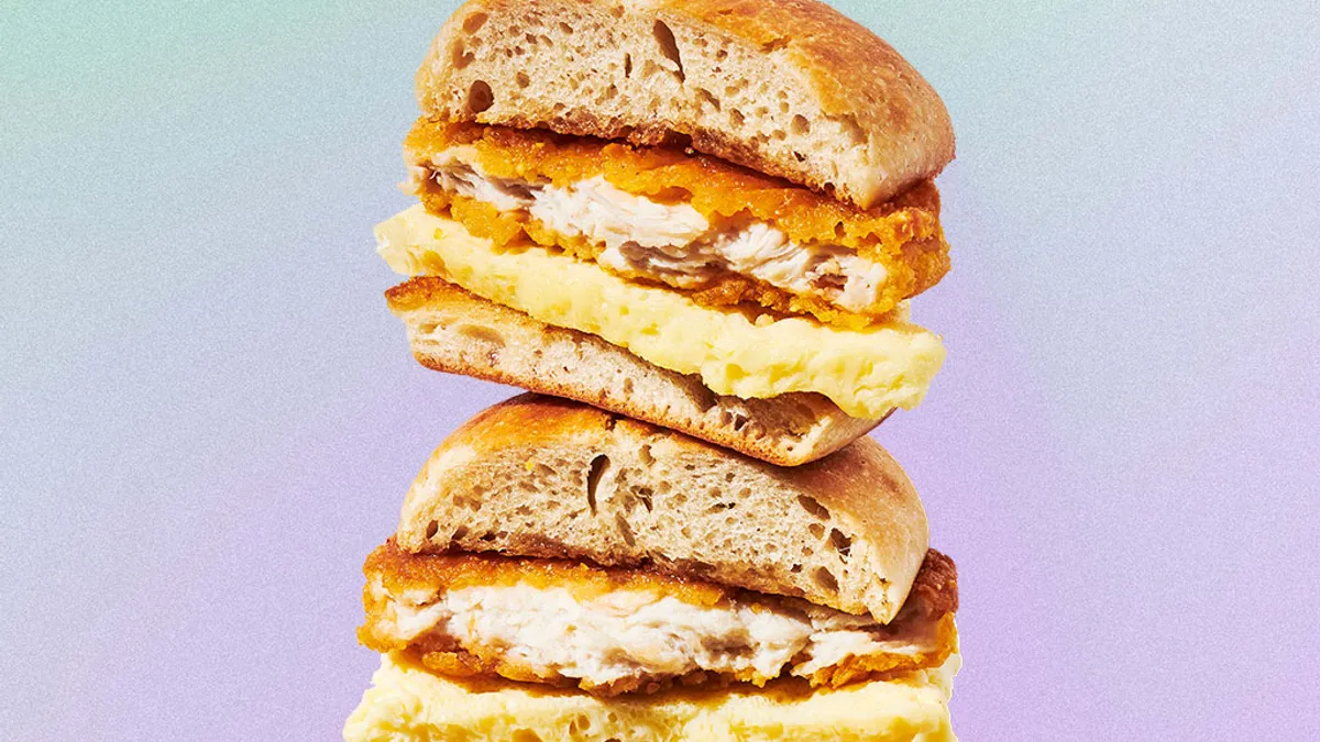 A promotional image of Starbucks Chicken Maple Butter and Egg sandwich.