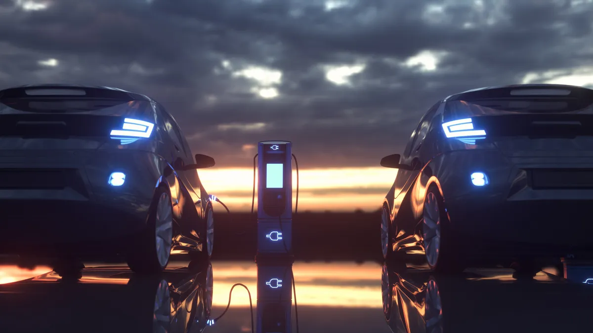 Two electric vehicles at a charging station.