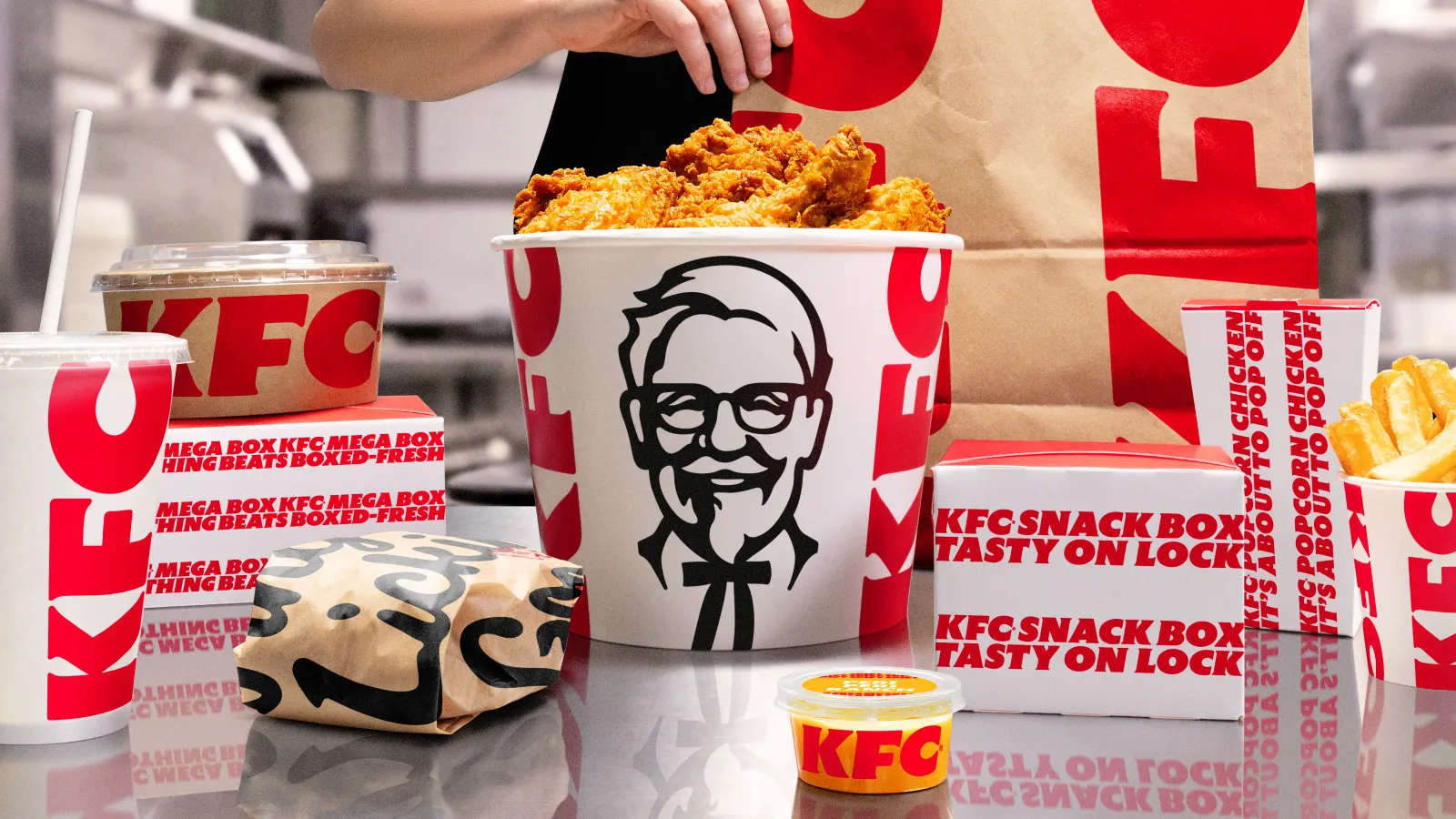 A close up shot of various packages from KFC