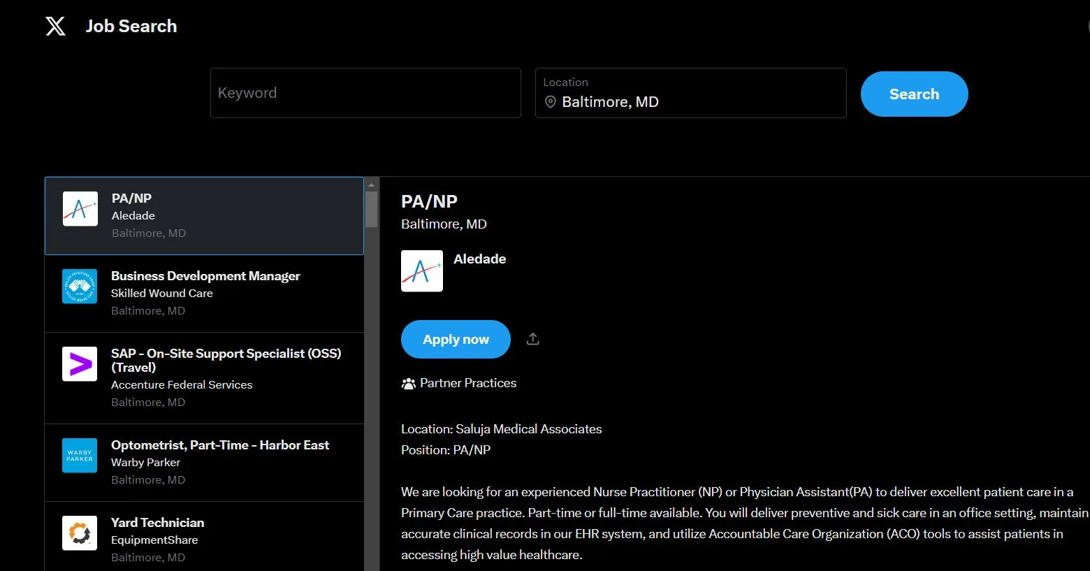 A screenshot of X Hiring, a job board feature on social media site X, formerly Twitter