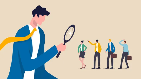 illustration of a man in tie holding a microscope up to four tiny professional job holders