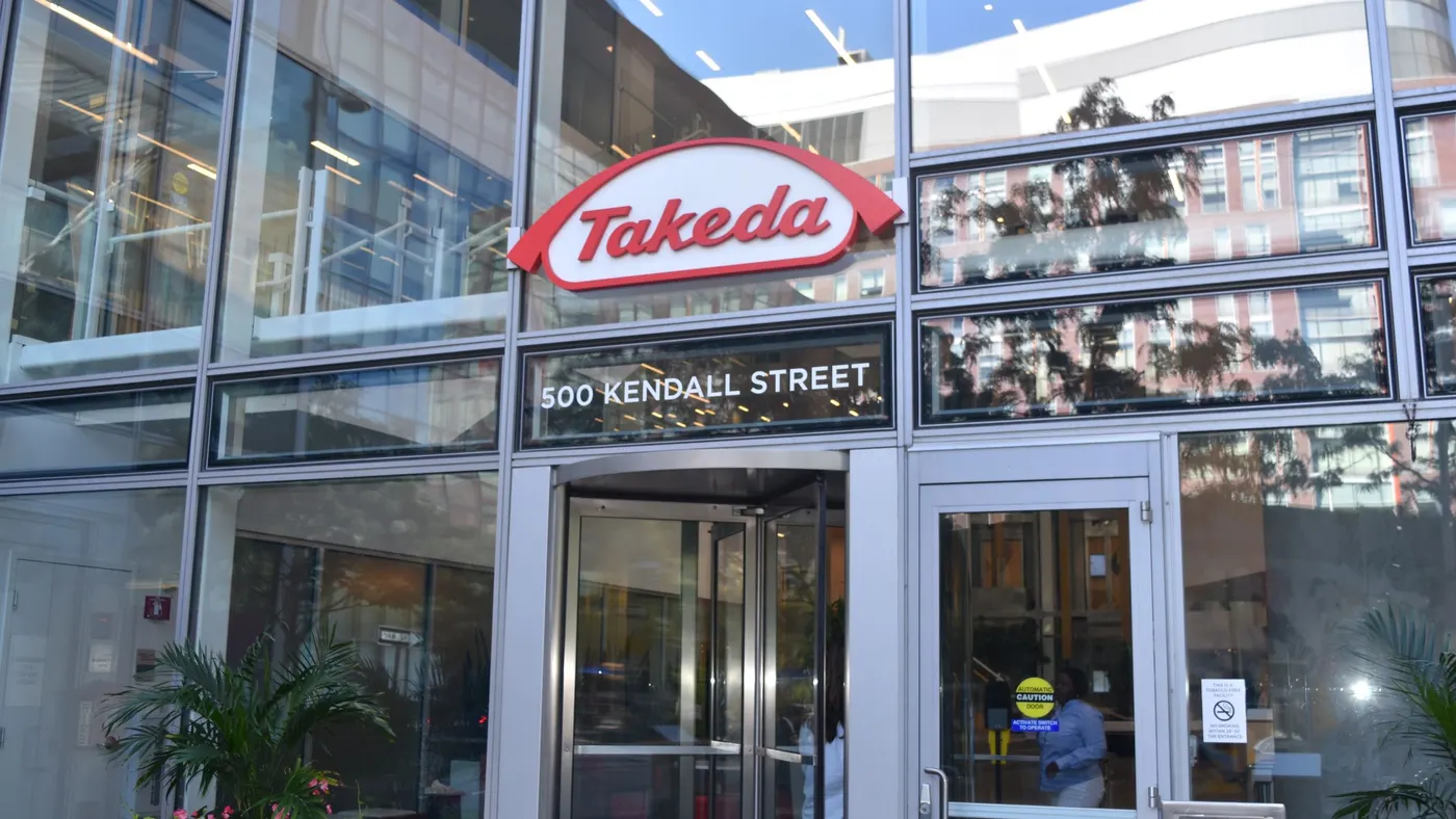 A Takeda logo is displayed on a building in Cambridge, Massachusetts, on Sept. 5, 2024.