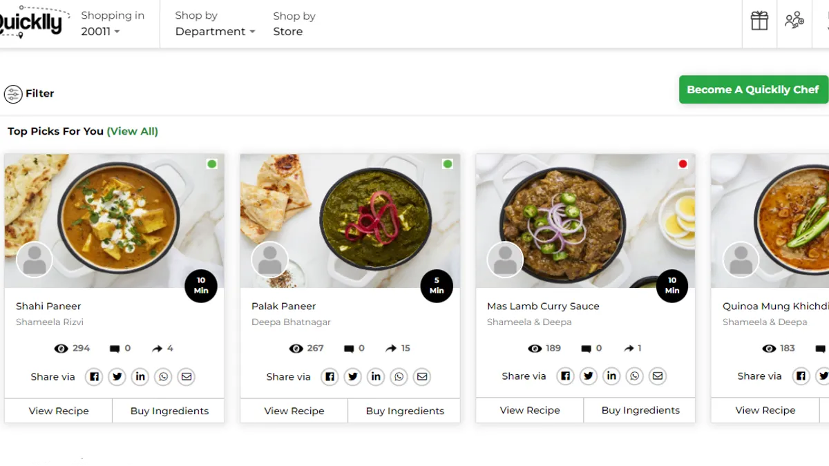 Shoppable recipes on Quicklly